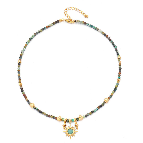 Vintage Colourful Beaded Necklace for Women with Turquoise Sun Pendant Fashion