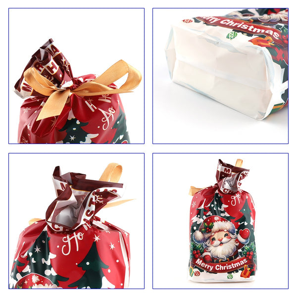 Close up of a filled Christmas gift bag, the ribbon drawstring and the bag opening