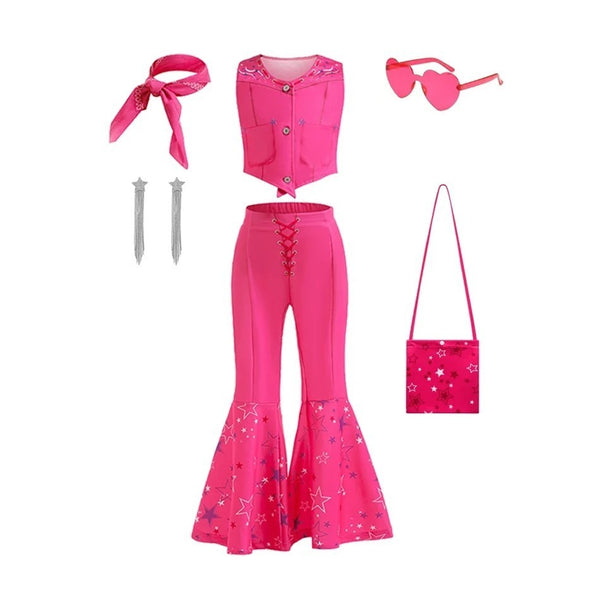 Barbie cowgirl costume with sunglasses, earrings, scarf and bag