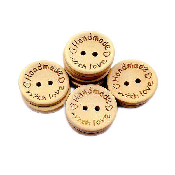 100PCS Natural Wooden Button Craft Sewing DIY Handmade With Love Wooden Buttons
