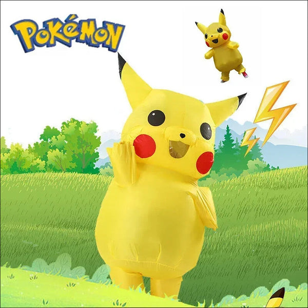 Pikachu inflatable costume with Pokemon logo in a grassy field