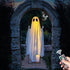Halloween ghost on a swing hanging from a tree with LED lights