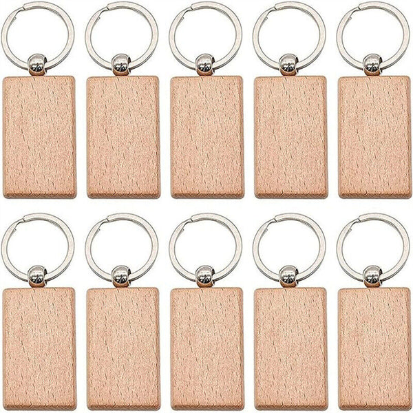 10Pcs Blank Rectangle Wooden Key Chain DIY Wood Keyrings Key Tags Friends Gifts