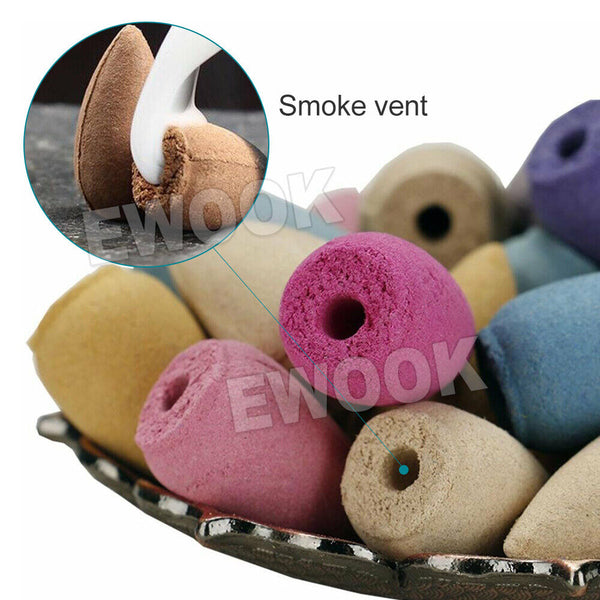 Backflow Ceramic Mountain Waterfall Smoke Incense Burner Cones Holder + 110 Cone