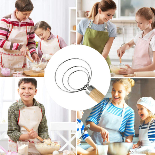4pcs Stainless Steel Danish Dough Whisk | Wooden Handle Bread & Sourdough Mixer