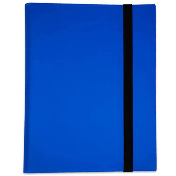 Blue trading card binder with elastic strap
