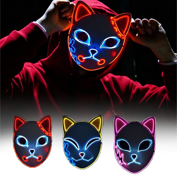 Kitsune mask - LED light up Japanese fox mask glowing in red, yellow and pink