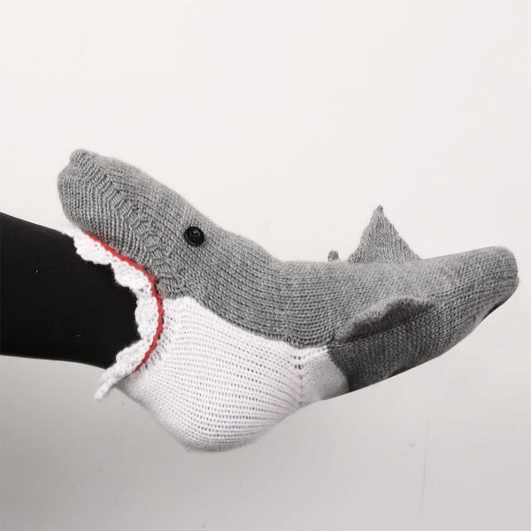 Grey shark socks with white belly and teeth