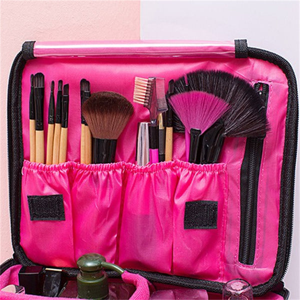 Professional Makeup Bag Travel Cosmetic Organizer Case with Brush Storage and Zipper Compartments