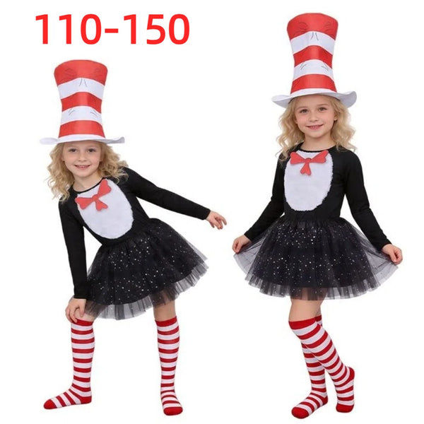 Kids The Cat in The Hat Cosplay Dr.Seuss Costume Cat Outfit Set Girls TUTU Dress