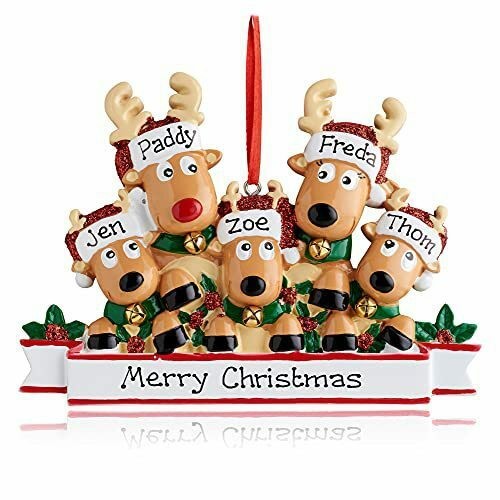 5 reindeer personalised family ornament with Merry Christmas banner