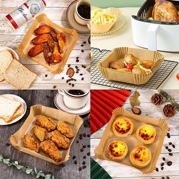Air fryer liners with wings, eggs and egg tarts