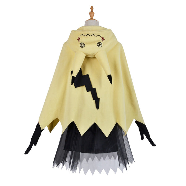 Back of the yellow hooded cape costume with jagged hem and black tulle skirt