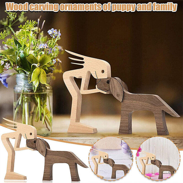 Handmade Wooden Statue, Sitting Woman and Dog, Wood Decor Craft DIY Home Decor