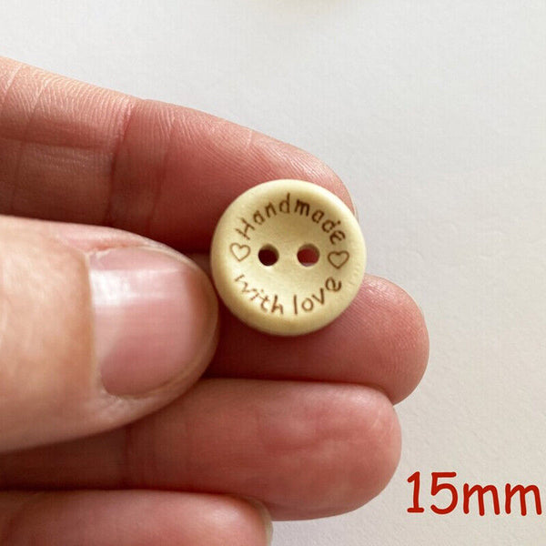 100PCS Natural Wooden Button Craft Sewing DIY Handmade With Love Wooden Buttons