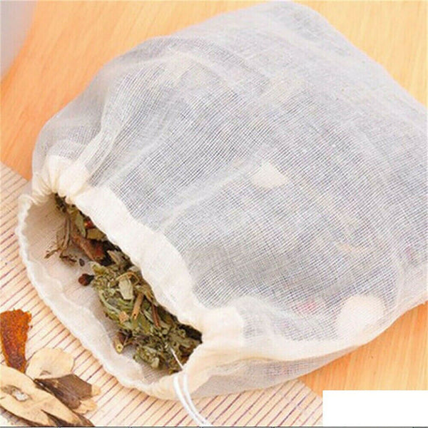 10-100Pcs Reusable 100% Cotton Mesh Filter Bags Spices Herbs Tea Soup Drawstring