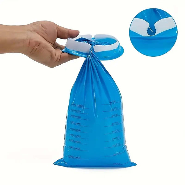 Hand sealing a blue vomit bag on a white background