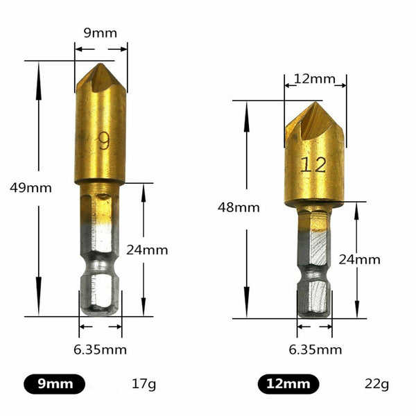 12PCS Chamfer Countersink Drill Bit Set – 5 Flute Deburring Cutting Tools