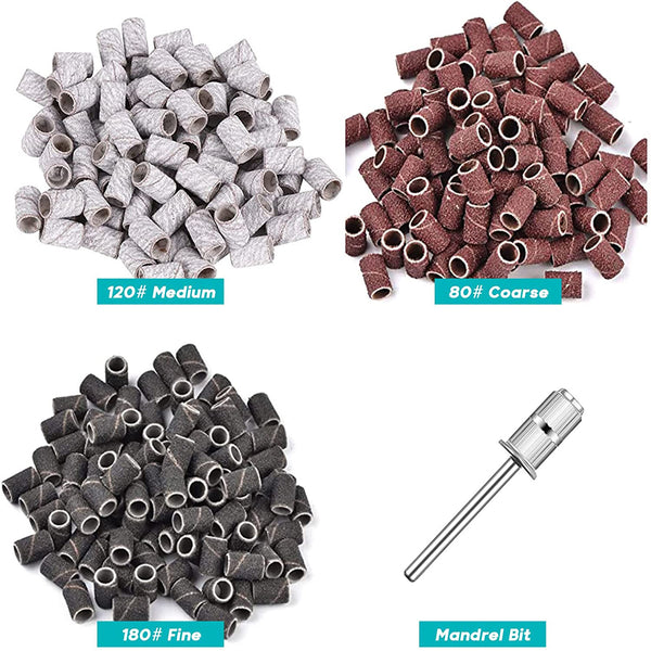 210PCS Sanding Bands 3 Colours 80/120/180 Nail Drill Machines Filing Bits + Boxs