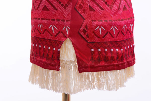 Moana costume skirt detail with tribal print and cream fringe hem
