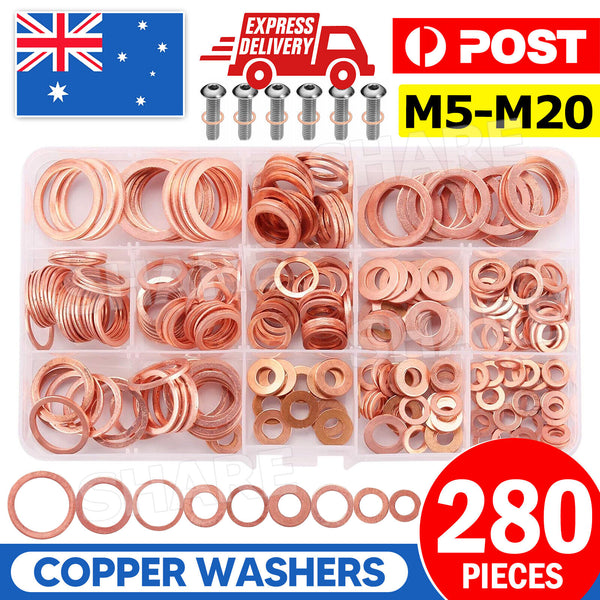 280PCS 12 Sizes Solid Copper Washers Sump Plug Seal Set Assorted Kit with Box AU