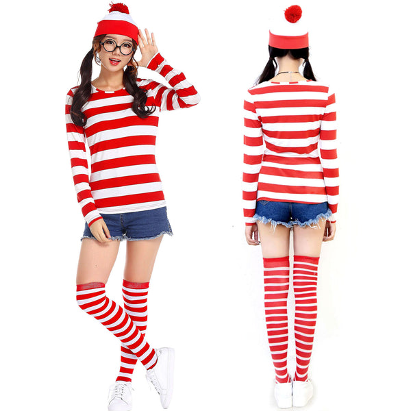 Women Men Kids Wheres Wally T-shirt Glasses Hat Socks Christmas Costume Cosplay