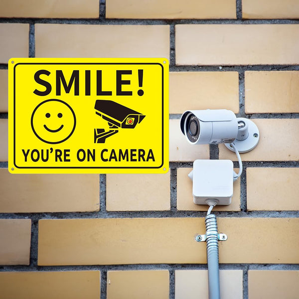 4pcs “Smile You’re on Camera” Metal Sign | Security Warning CCTV Wall Signs