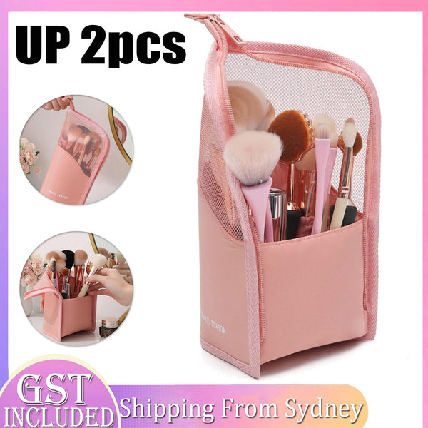 Stand Cosmetic Bag Travel Zipper Makeup Brush Mesh Visible Organizer Pouch