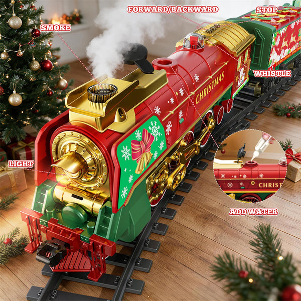 Red, green and gold electric Christmas train engine puffing water mist smoke