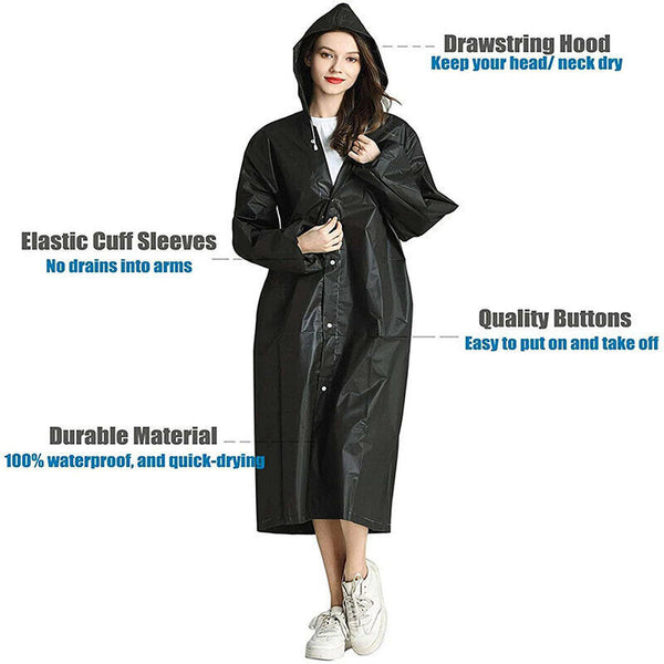 Waterproof EVA Raincoat Long Hooded Rain Jacket Unisex Outdoor Rainwear Black