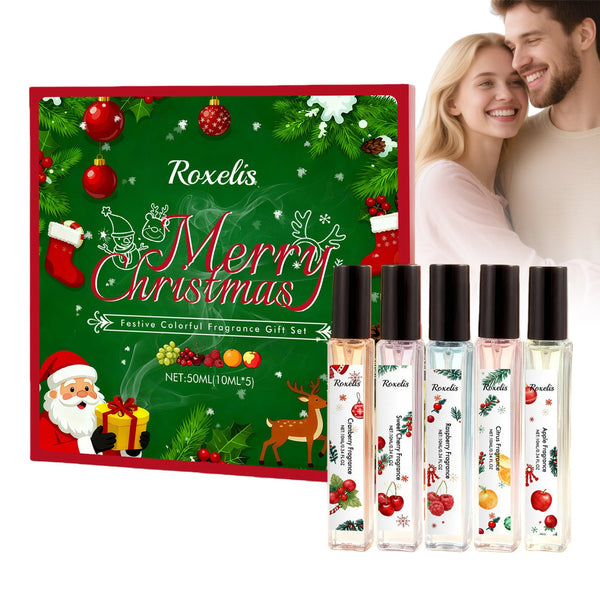 Christmas perfume gift set with five mini bottles and a smiling couple