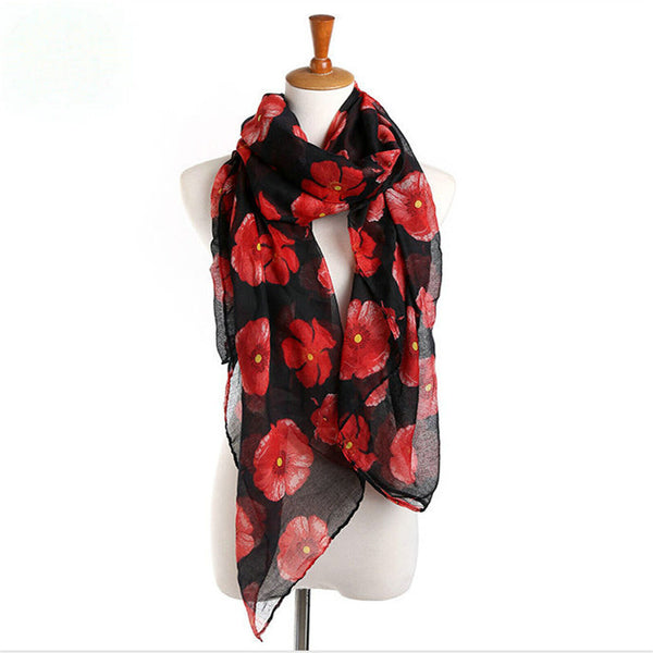 Women Ladies Poppy Print Floral Scarf Remembrance Day Poppies Scarves Wrap Shawl