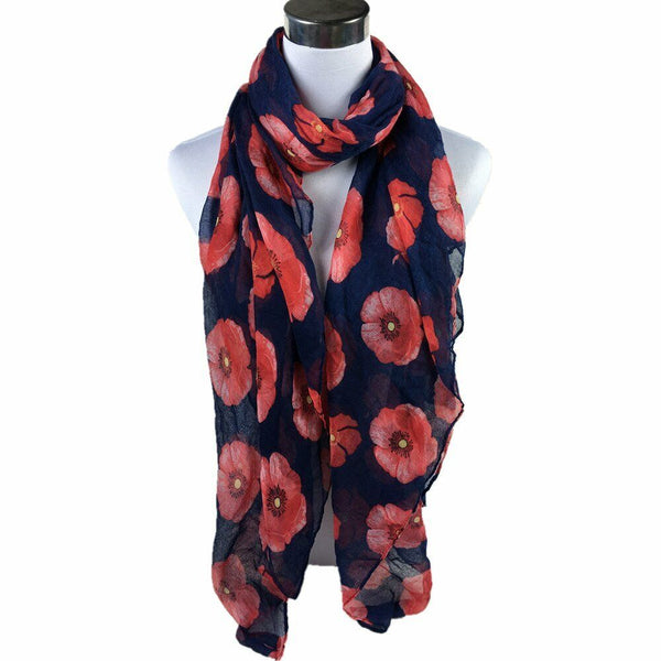 Women Ladies Poppy Print Floral Scarf Remembrance Day Poppies Scarves Wrap Shawl