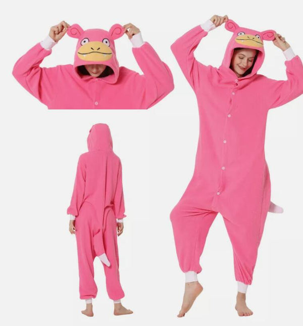 Pink Sleepy Creature kigurumi onesie, front and back view