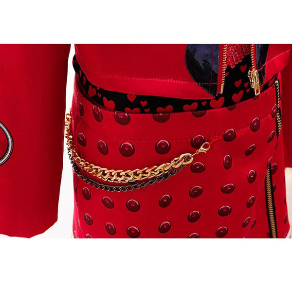 Close up of Descendants Red costume studded skirt and zip detail