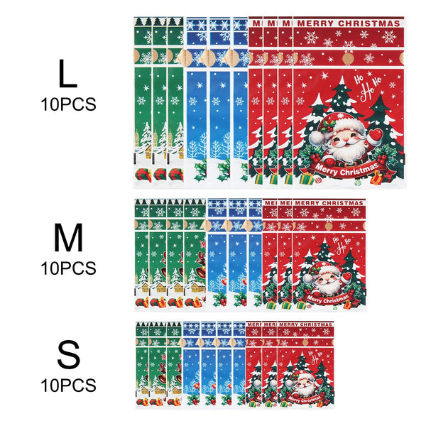Stacks of small, medium and large Christmas gift bags, 10 of each size