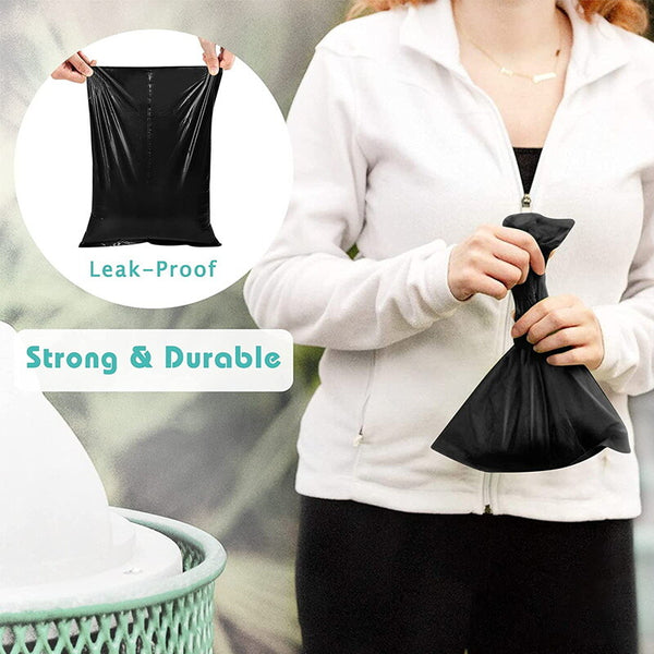 Woman holding a strong leak-proof black dog waste bag