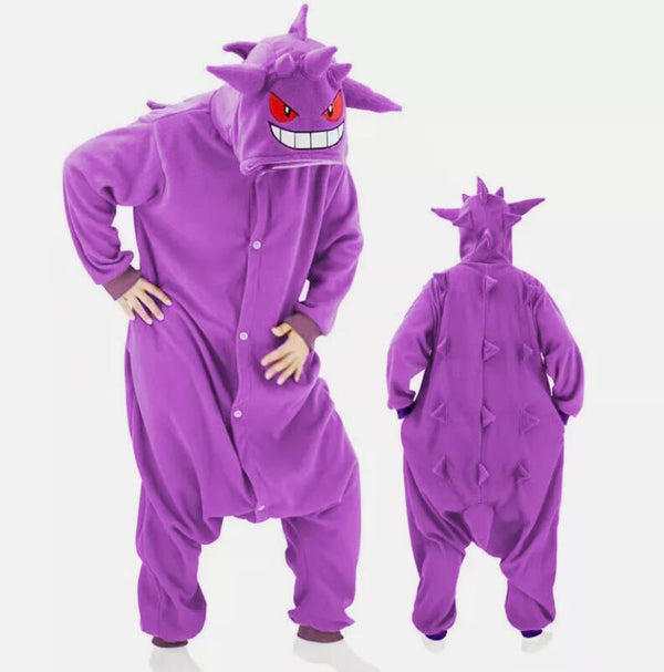 Purple Ghost kigurumi onesie, front and back view