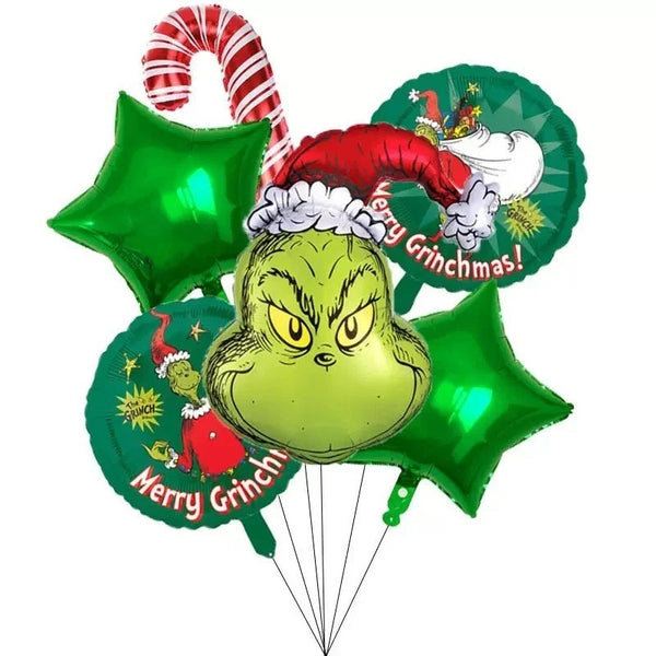 6 piece green grump balloon set with face foil balloon, candy cane and green stars