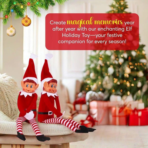 Two red Christmas elf dolls on a sofa beside a decorated Christmas tree