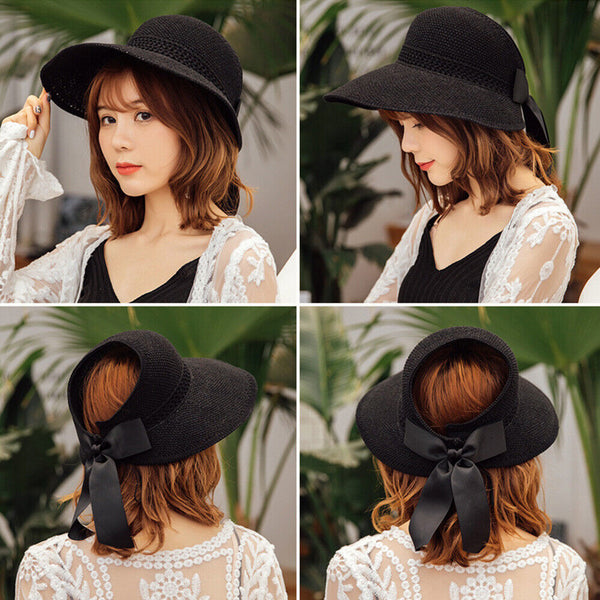 Women Straw Cap Fashion Visor Summer Sun Hat Bow Wide Brim Foldable Beach