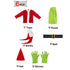 6 piece kids Christmas costume set: top, pants, socks, belt, hat and furry green gloves