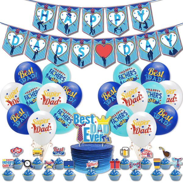 Father's Day party decorations set with banner, balloons and cake toppers