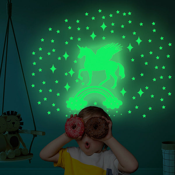 Glow In The Dark Rainbow Moon Stars Unicorn Wall Sticker Kids Room Fun Decor