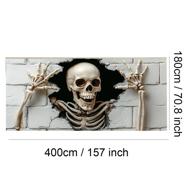 Giant Halloween party banner hung on a fence in a back yard