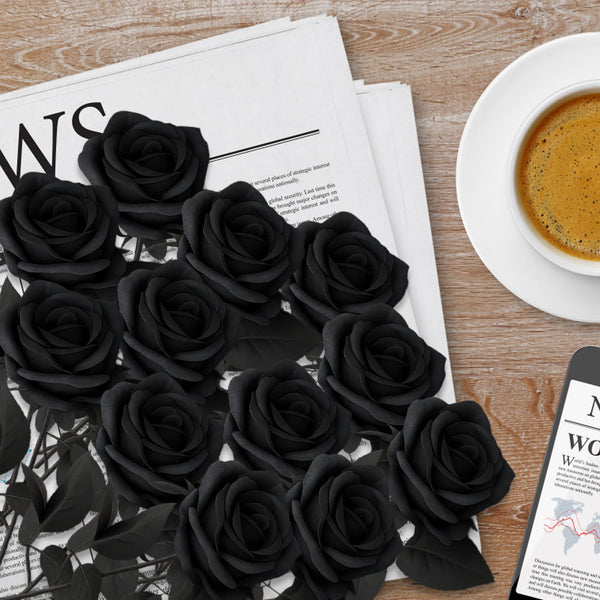 Black Artificial Rose Flowers 36PCS Faux Rose Stems DIY Floral Arrangement Home Decor