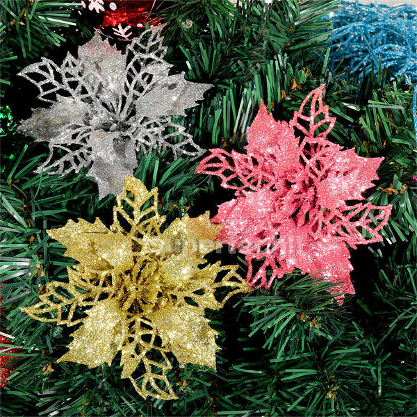 10 X Christmas Poinsettia Glitter Flower Tree Hanging Xmas Tree Party Decoration