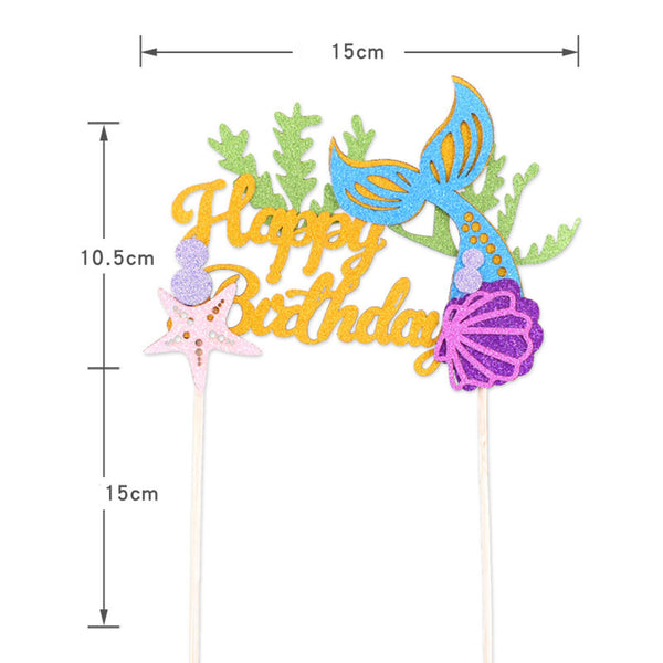 2PCS 16cm Mermaid Tail Cake Topper Sea Shell Party Supplies Happy Birthday Decor