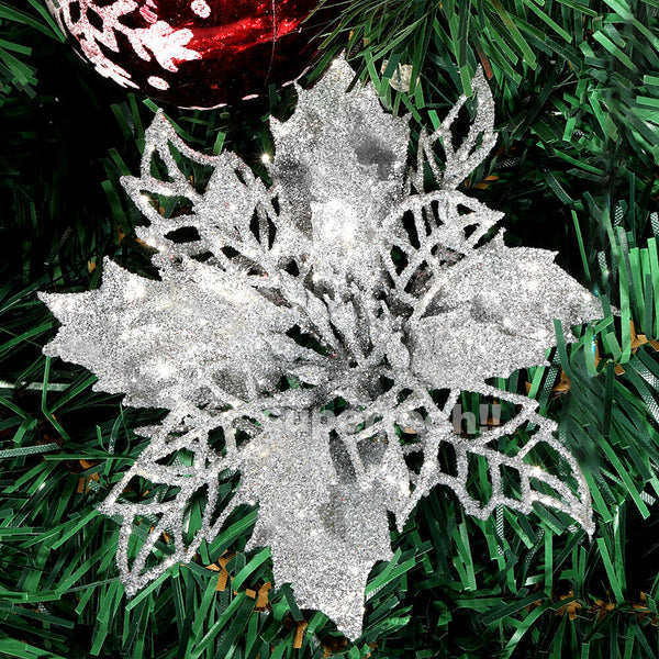 10 X Christmas Poinsettia Glitter Flower Tree Hanging Xmas Tree Party Decoration