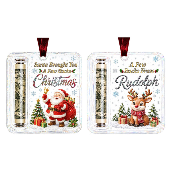 2 pack: Santa and reindeer money holder ornaments with notes and red ribbons